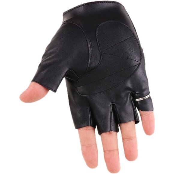 Men Black Half Finger Punk Rivets with Metal Chain Motorcycles PU Leather Gloves - Picture 6 of 7